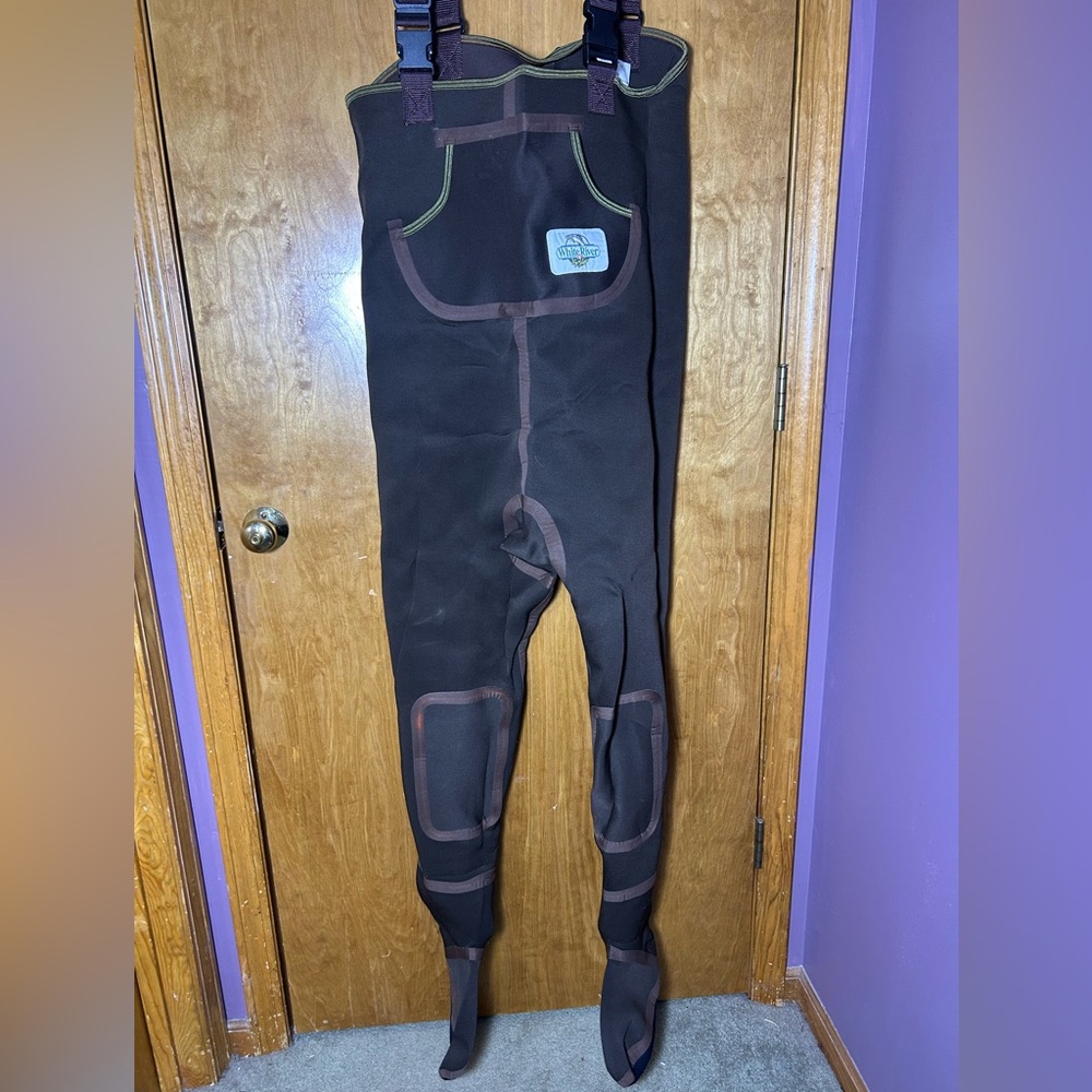 Vintage White River Fly Shop Fishing Waders Mens L Brown Neoprene Stocking foot